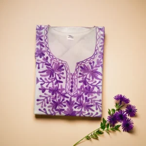 LAVENDER COLOUR EMBROIDERY ON WHITE COTTON SHORT KURTI